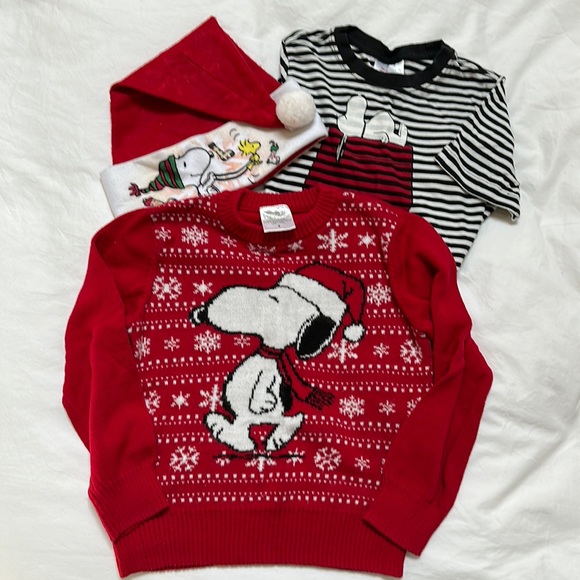 Snoopy Lot - size 6 kids snoopy holiday sweater + hat and snoopy striped shirt - Picture 1 of 1